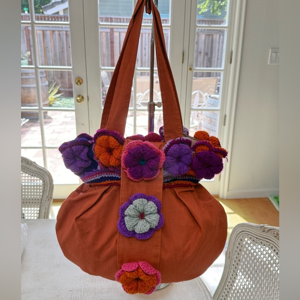 Boho Orange Floral Crochet Accent Shoulder Bag